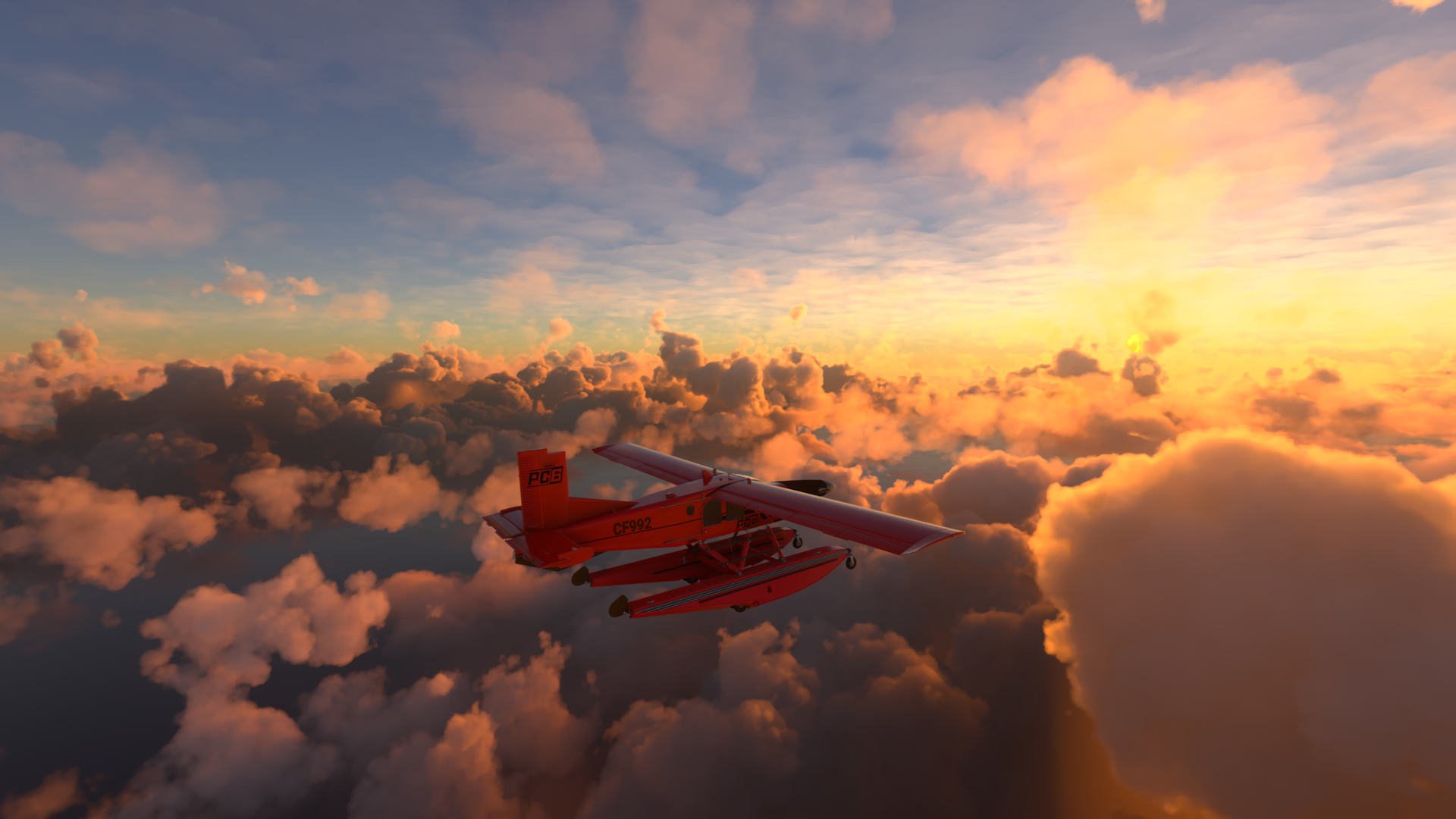 Pilatus PC-6 with floats over a sea of clouds in the sunset | Microsoft Flight Simulator