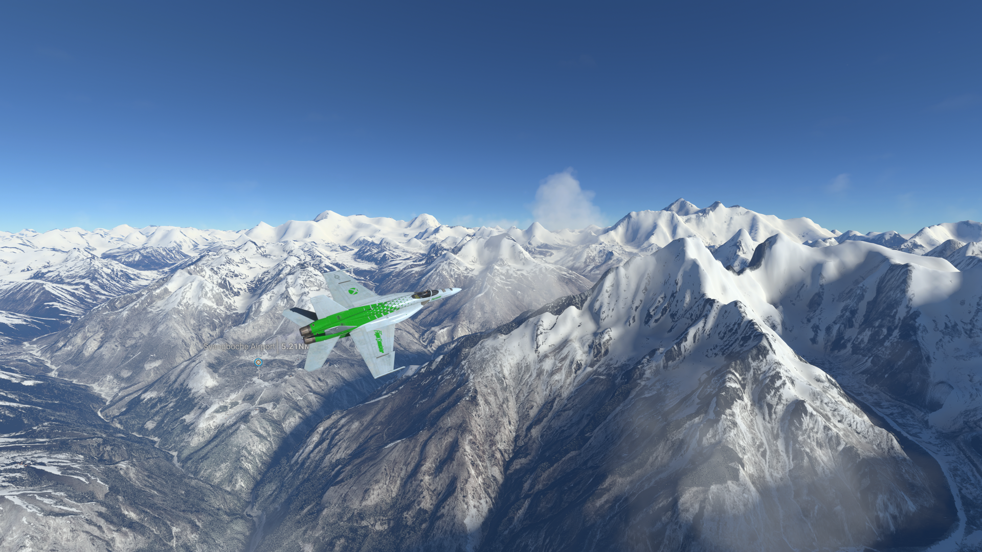 High-altitude shenanigans over the Himalayas; notice the Everest in the background | Microsoft Flight Simulator